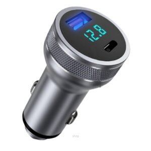 Charby Curio 2-Port 56W Car Charger Silver LED Voltage Display with USB-A and USB-C Fast Charging PD3.0 & QC4.0 for All Phones